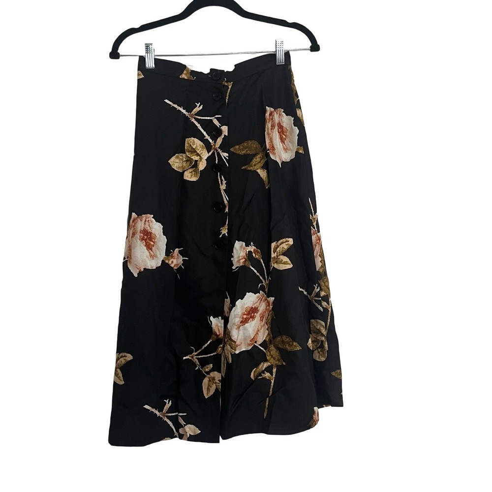 Wilfred Floral Button Front Midi Skirt Women 0 Black Rose Good A-Line High Waist